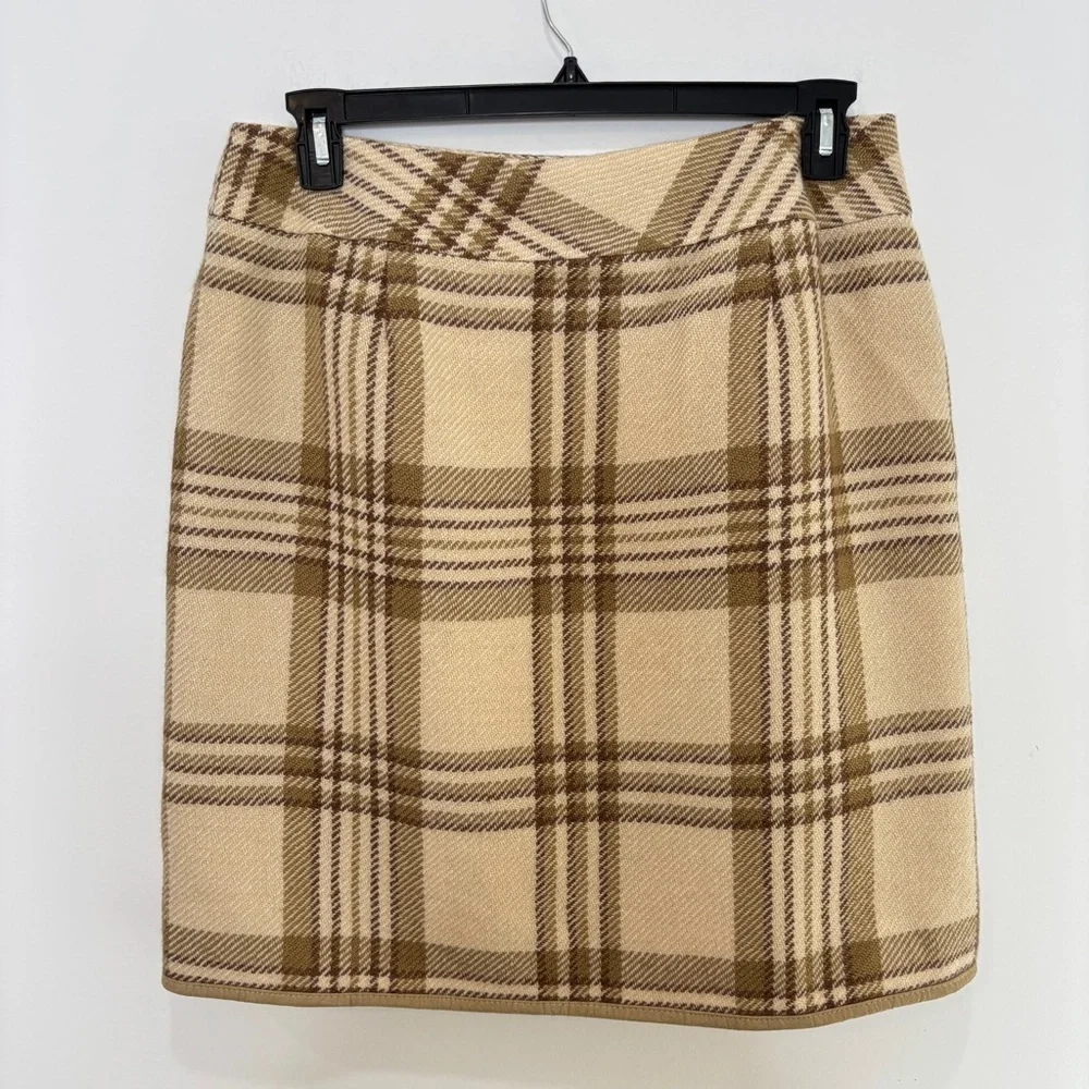 Liz Claiborne 100% Wool Wrap Skirt Size 14 Plaid Brown & Beige Lined Classic